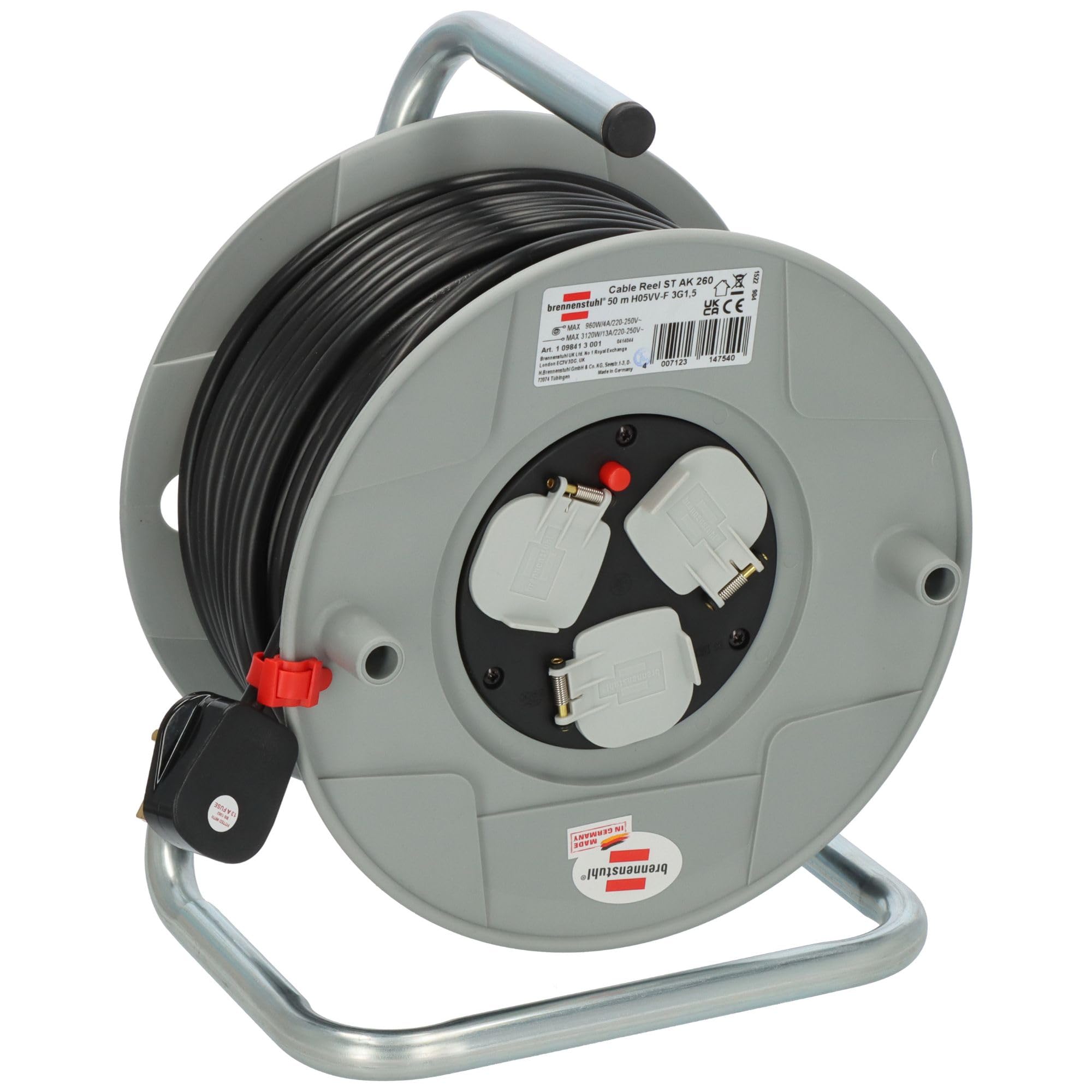 Brennenstuhl Standard 3-way socket Cable Reel (50m Extension Lead, Extension Lead Reel with thermal cut-out protection, cable colour: black)