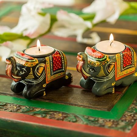 ExclusiveLane Handmade and Hand-Painted Wooden Elephant Candle Holders Stand and Table Decorative Tea Light Holder