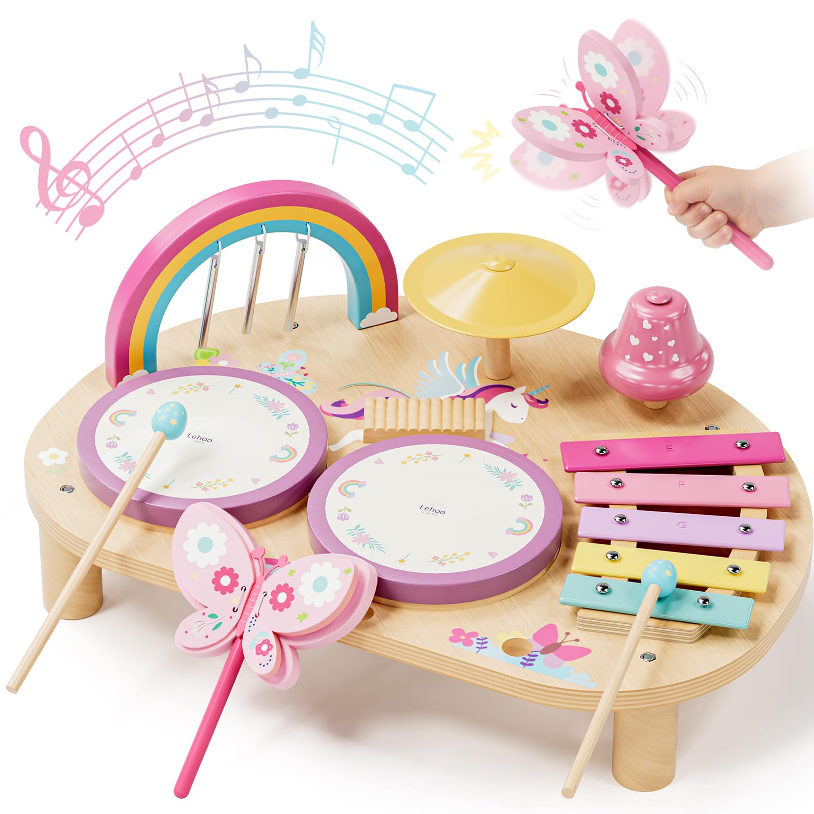 Lehoo Castle Unicorn Kids Drum Kit, Montessori Educational Toys Gifts for 1-3 Year Old Girls, Baby Toddler Wooden Musical Instruments Toys with Xylophone & 2 Drums 12M+