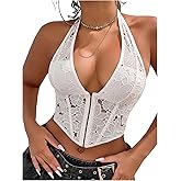 Floerns Women's Going Out Embroidery Halter Tops Sleeveless Lace Up Backless Crop Tank Top