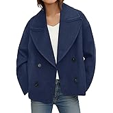 Tankaneo Womens Cropped Wool Blend Pea Coat Casual Long Sleeve Double Breasted Notched Lapel Overcoat Jackets