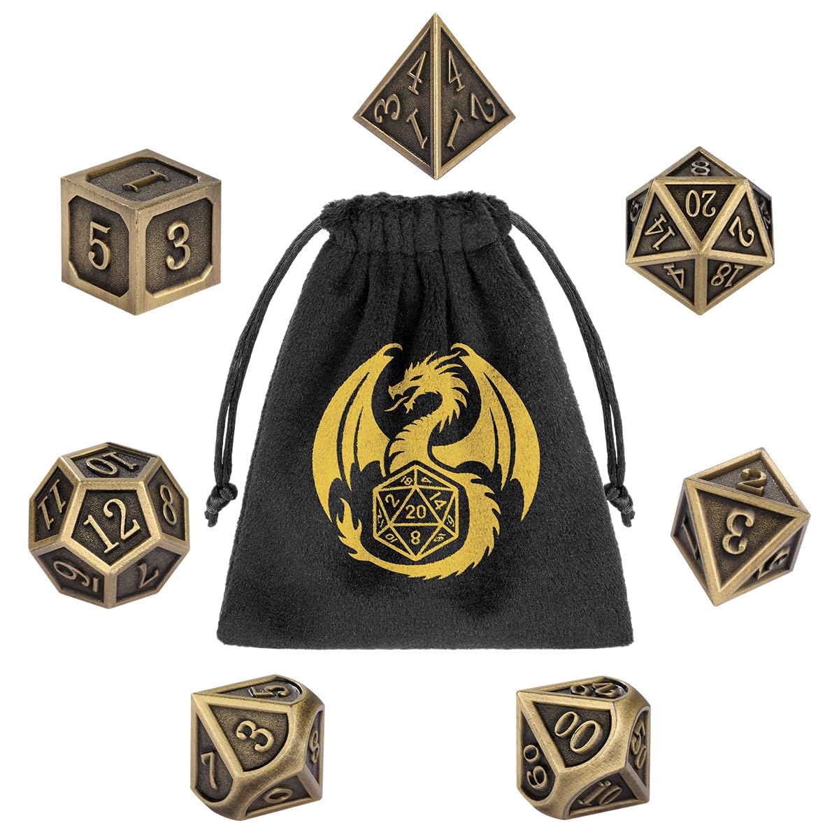 Metal Dice Set, 7pcs Polyhedral Metal DND Dice Set, DND Starter Set, D&D Gifts with Gift bag, Role Playing Board Games Accessories, Bronze