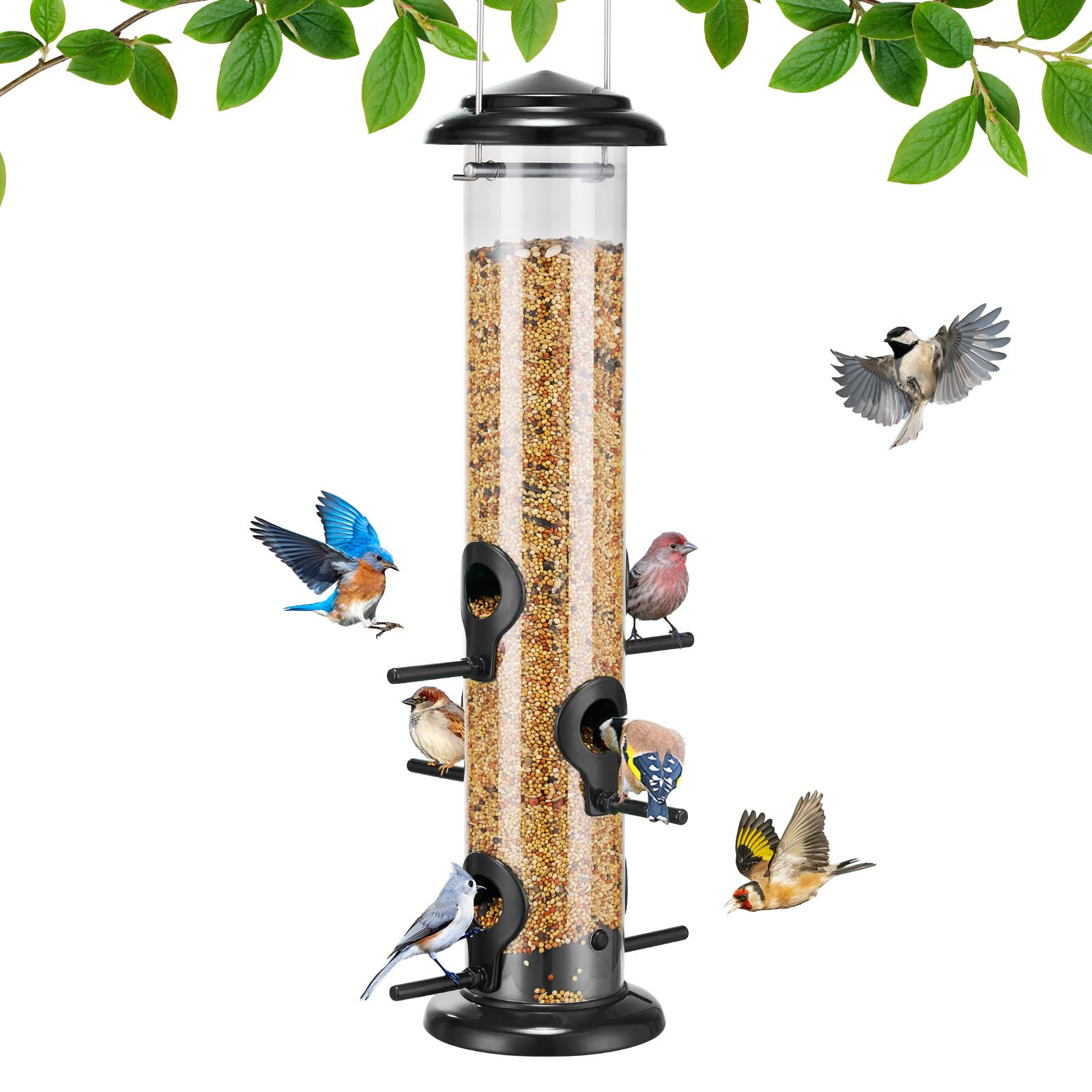 Kingsyard Metal Bird Feeders for Outdoors Hanging, Tube Bird Feeder with 6 Feeding Ports, 15 Inch, Chew-Proof & Weatherproof, Black