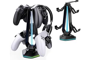 Oritikur RGB Headset Stand with 9 Light Modes and 2 USB Charging Ports - Controller Holder for Desk - Headphone Stand & Detachable Controller Hook for PC Earphone Gaming Accessories