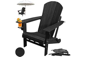 CLOUDEEP Folding Adirondack Chair, HDPE Plastic Black Adirondack Chairs Weather Resistant, Oversized Outdoor Fire Pit Chairs with Cup Holder and Umbrella Hole for Patio Garden, Lawn and Poolside