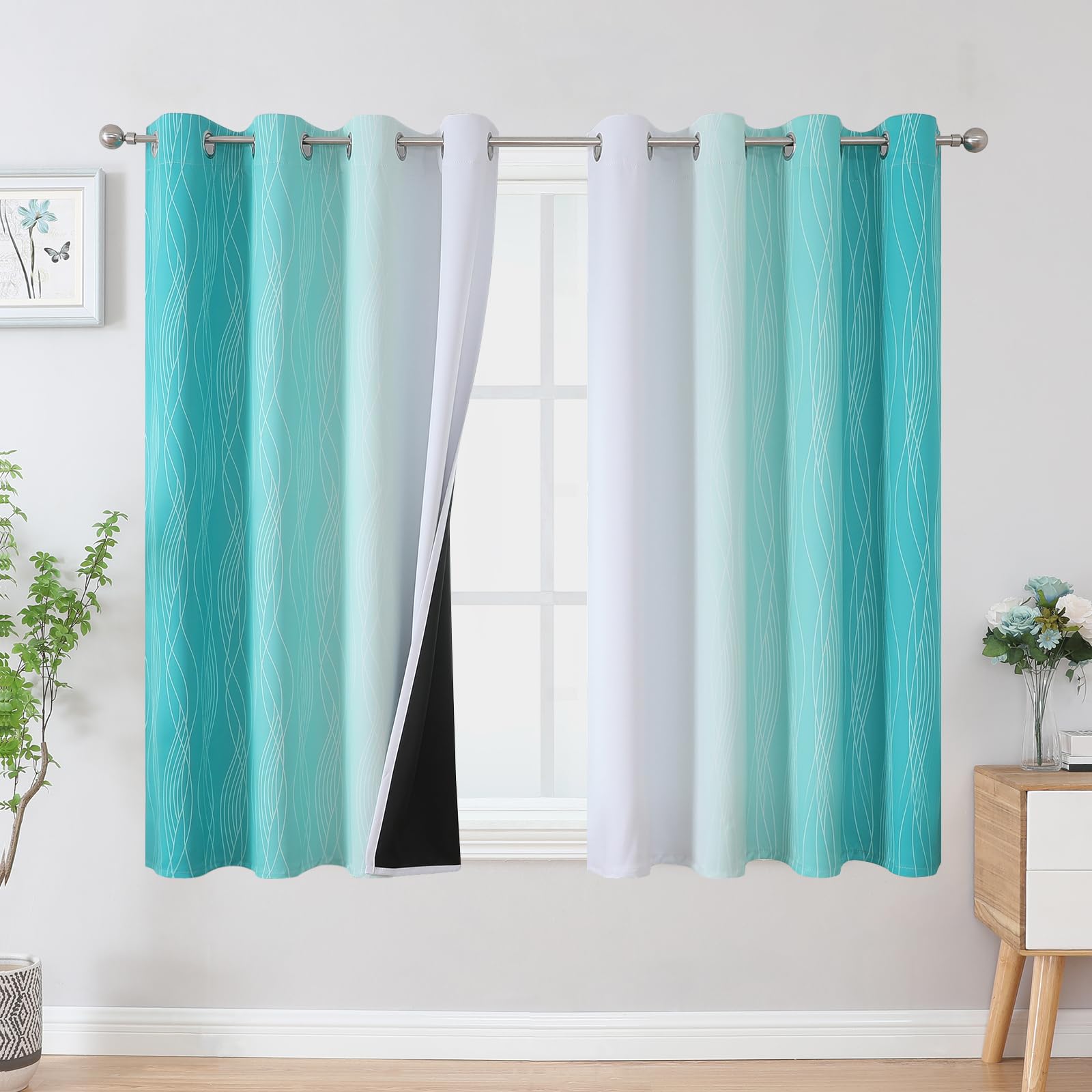 Photo 1 of Estelar Textiler Teal and Greyish White Blackout Curtains 45 Inch Length, Light Blocking Gradient Drapes for Kitchen, Thermal Insulated Grommet Ombre Curtains for Bathroom,52Wx45L,2 Panels