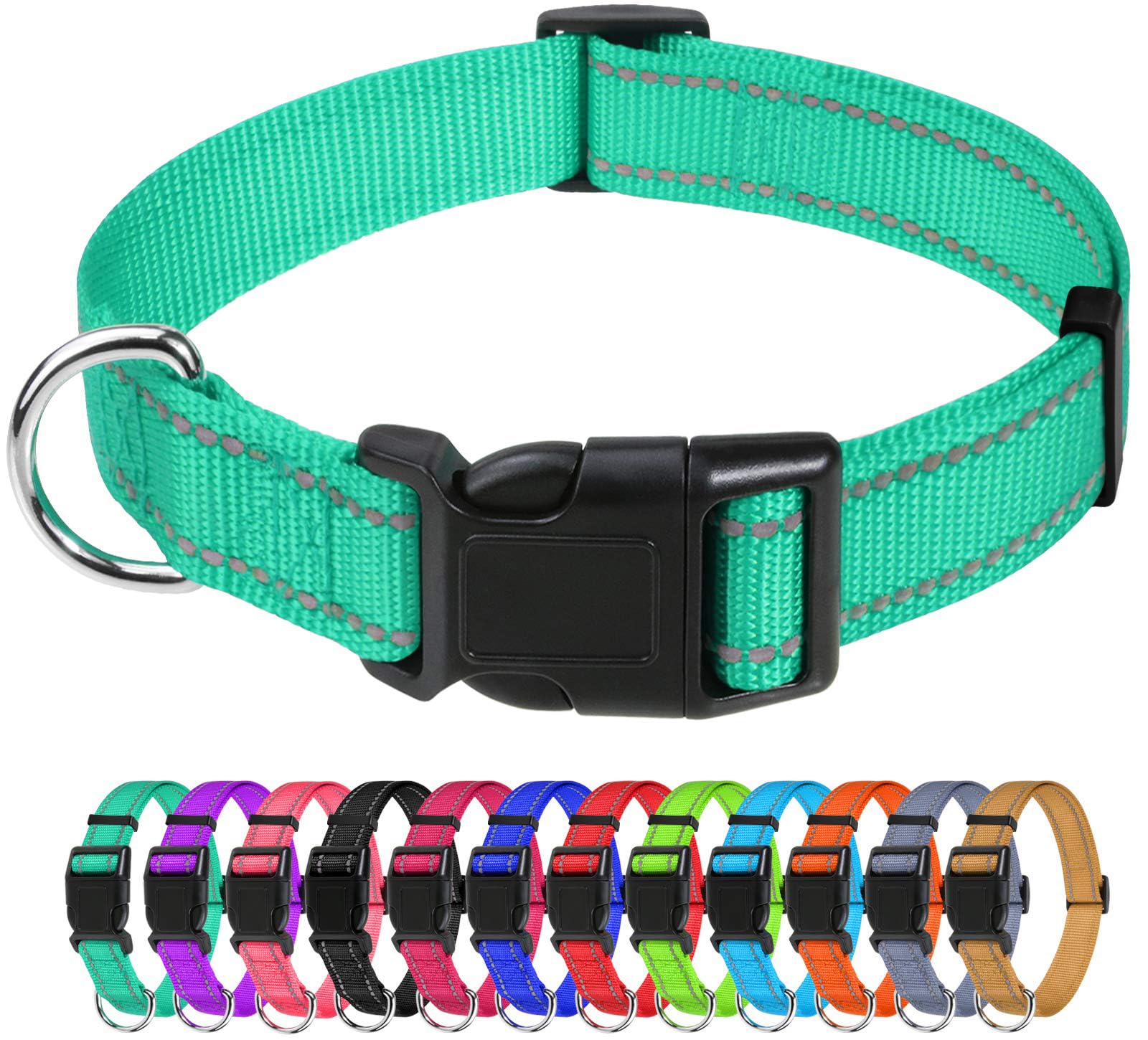 TagMe Reflective Nylon Dog Collars, Adjustable Classic Pet Collar with Quick Release Buckle for Large Dogs, Turquoise, 2.5 cm Width