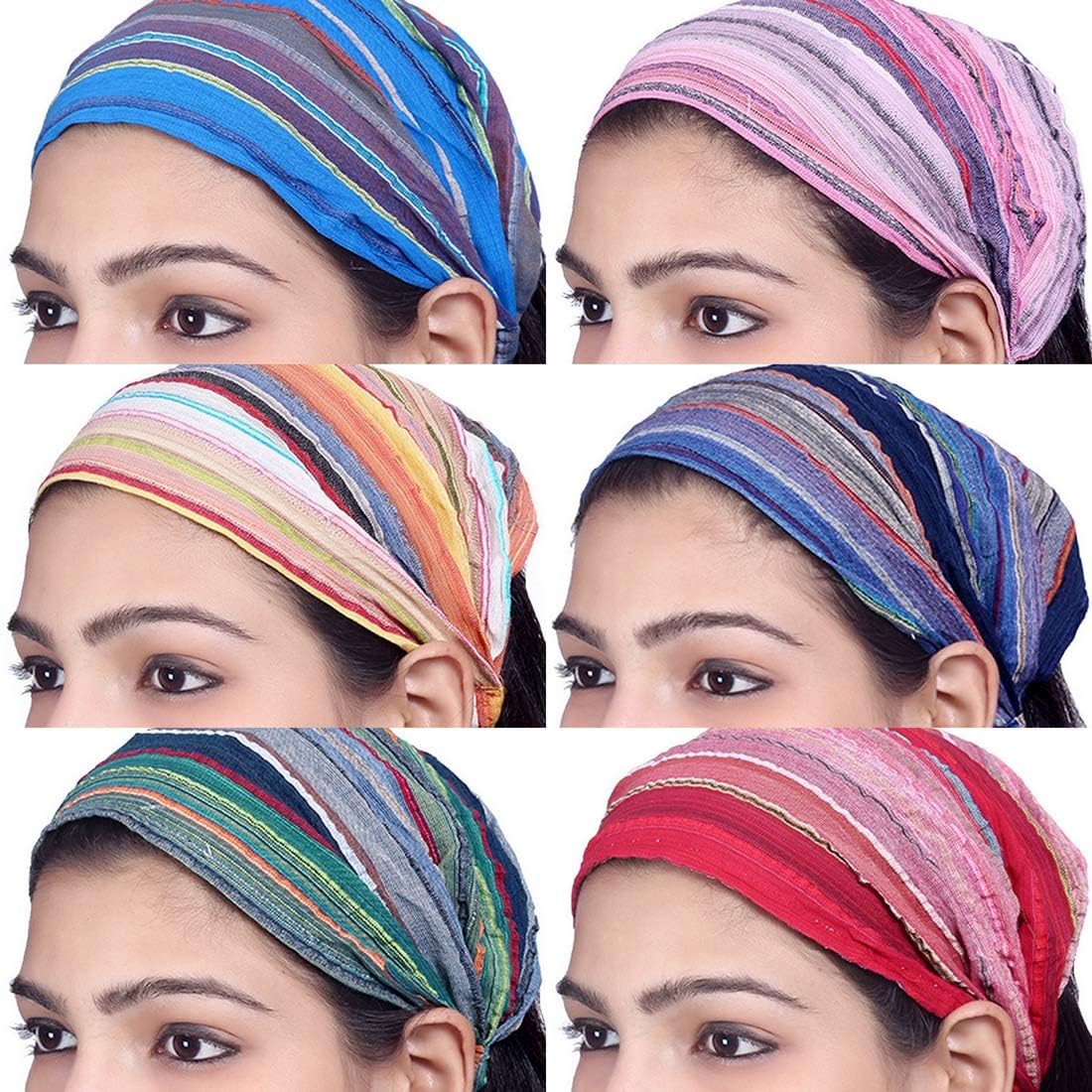 Sarjana Handicrafts Unisex Indian Cotton Bandana Striped Hair Wrap Elastic Headband, 10 Pieces