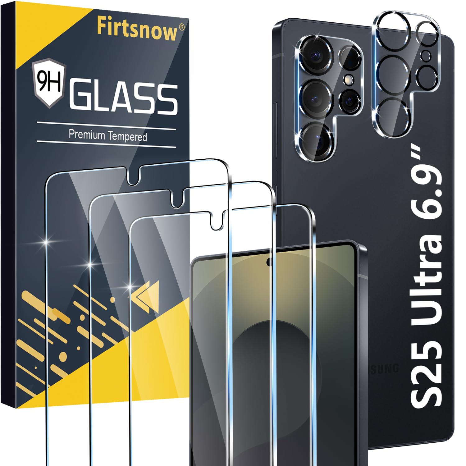 Photo 1 of 3 Pack for Samsung Galaxy S25 Ultra Screen Protector Tempered Glass + 3 Pack Camera Lens Protector, Military Grade Shatterproof, 9H Hardness, Fingerprint Unlock, HD Clear Case Friendly 6.9 Inch