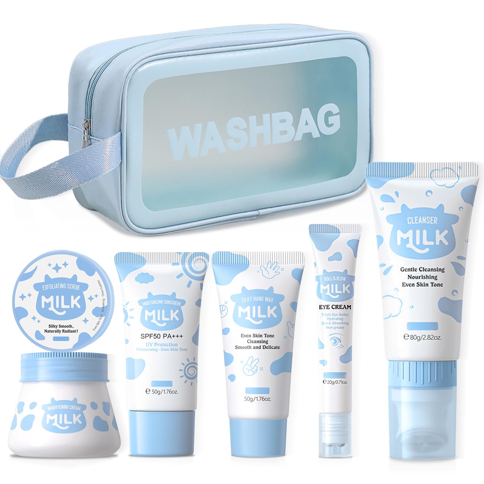 Milk Skin Care Set,Skincare Sets for Teenage Girls,Facial Care Gift Set & Kits,Including Brightening Cream,Hand Wax,Sunscreen,Eye Cream,Scrub,Facial Cleanser,Cosmetic Bag,Skin Care Set 7 Pcs
