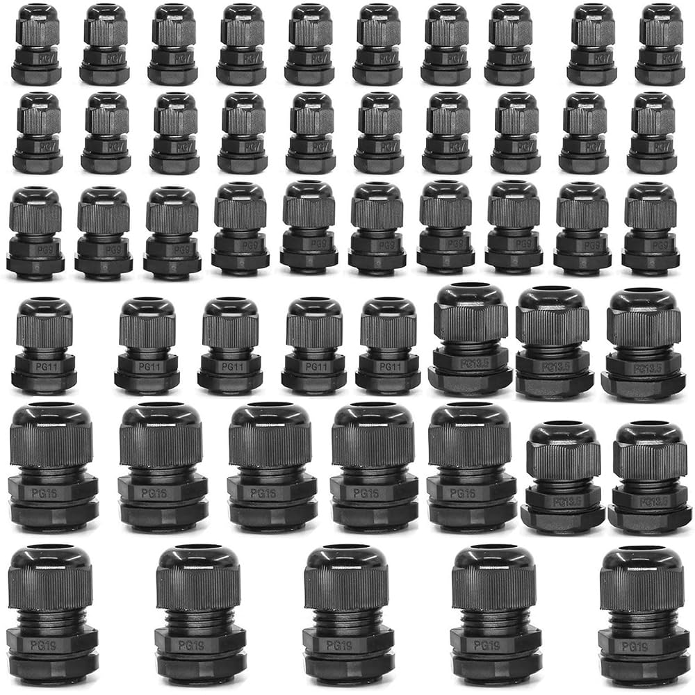 Yesallwas 50Pcs Cable Gland Waterproof Adjustable Joints with Gaskets 3-16mm PG7 PG9 PG11 PG13.5 PG16 PG19