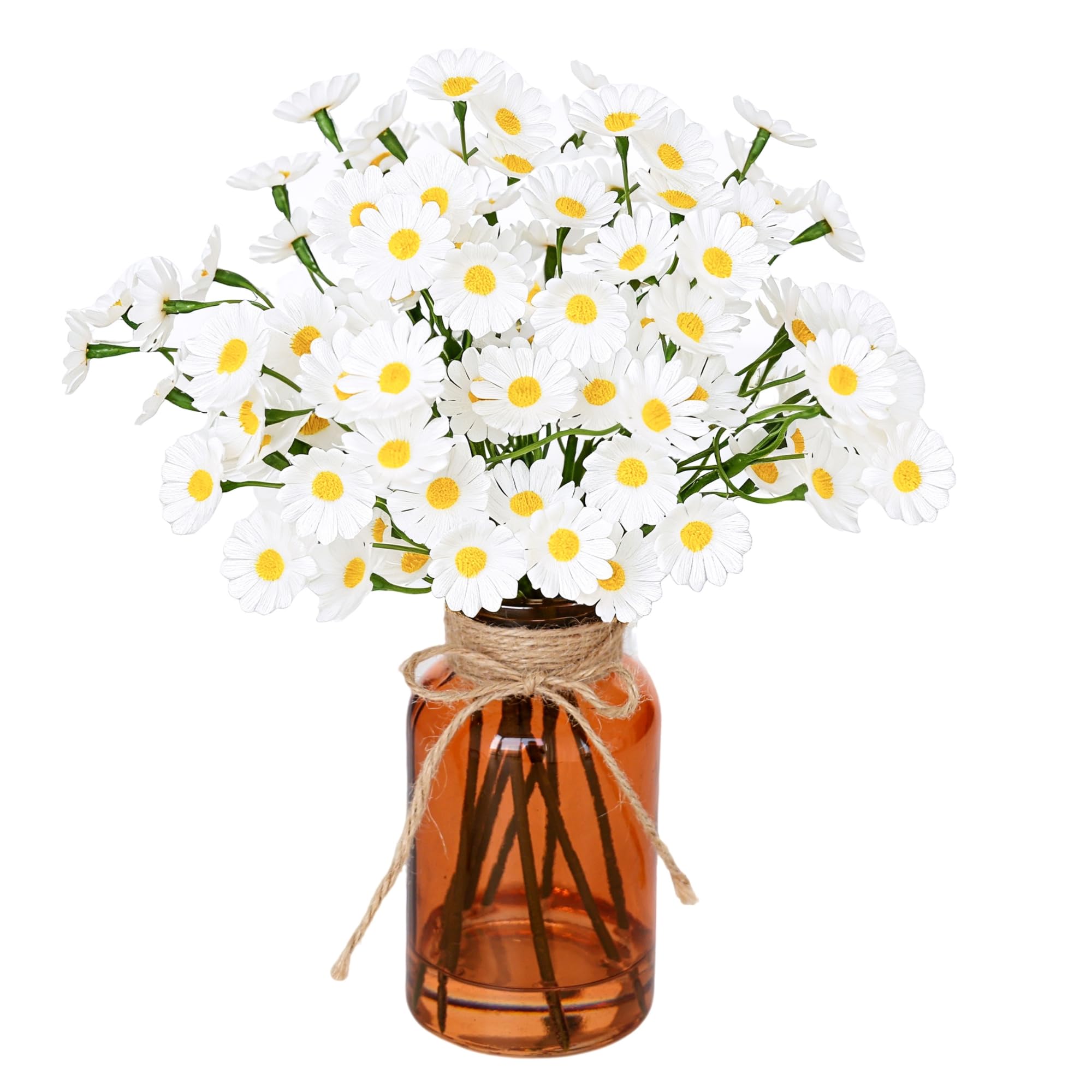 Muhanjia Artificial Daisy Flowers in Amber Glass Vase with Faux Water,9Pcs White Artificial Silk Flowers with Stems for Centerpiece (Daisy)