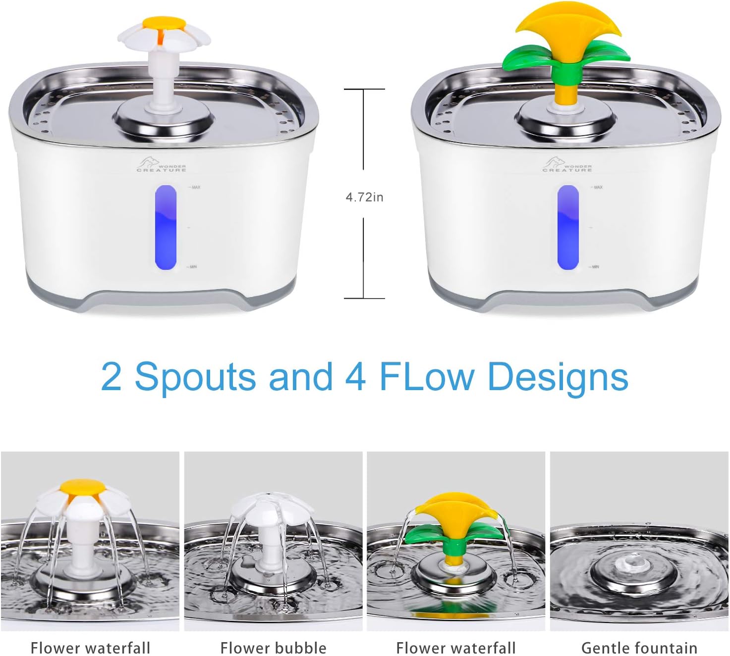 Cat Water Fountain Stainless Steel, 2.5L Pet Water Fountain with Intelligent Pump and LED Indicator for Water Shortage Alert, Water Level Window, 3 Carbon Filter 1 Foam Filter 1 Mat: Kitchen & Dining
