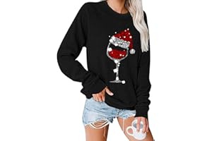Fuyxxmer Womens Christmas Sweatshirt Red Wine Glass Santa Hat Graphic Sweater Long Sleeve Xmas Gift Pullover Blouse Tops