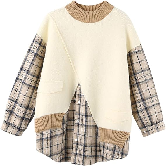 Amazon セーター レディース 重ね着風 格子 長袖 丸首 トップス ニット オーバーサイズ ゆったり 弾力性 厚手 保温 暖かい ふわふわ ワンサイズ 秋冬 おしゃれ セーター 通販