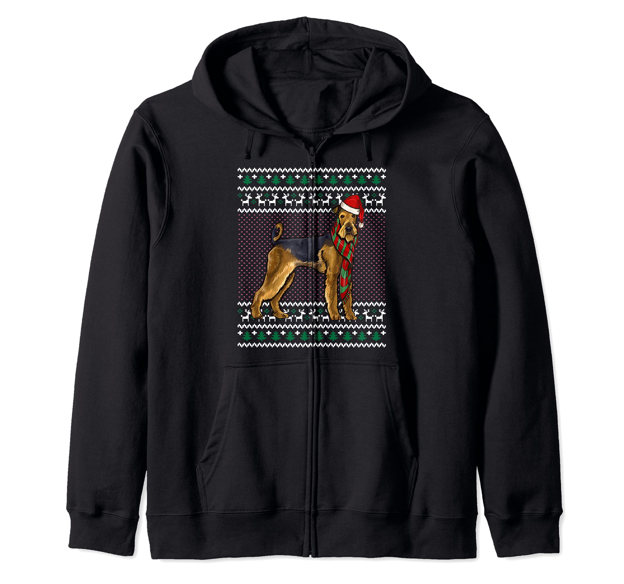 Xmas Airedale Terrier Dog Santa Hat Ugly Christmas Zip Hoodie