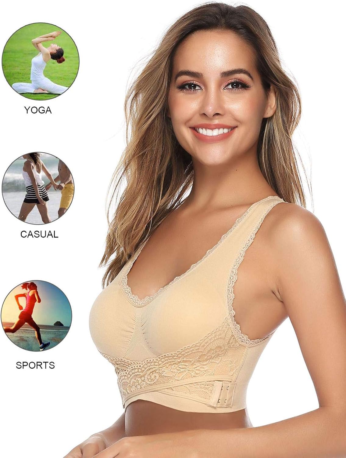 Black+Beige+White2, XL Womens Seamless Sports Bras Cross Front Side