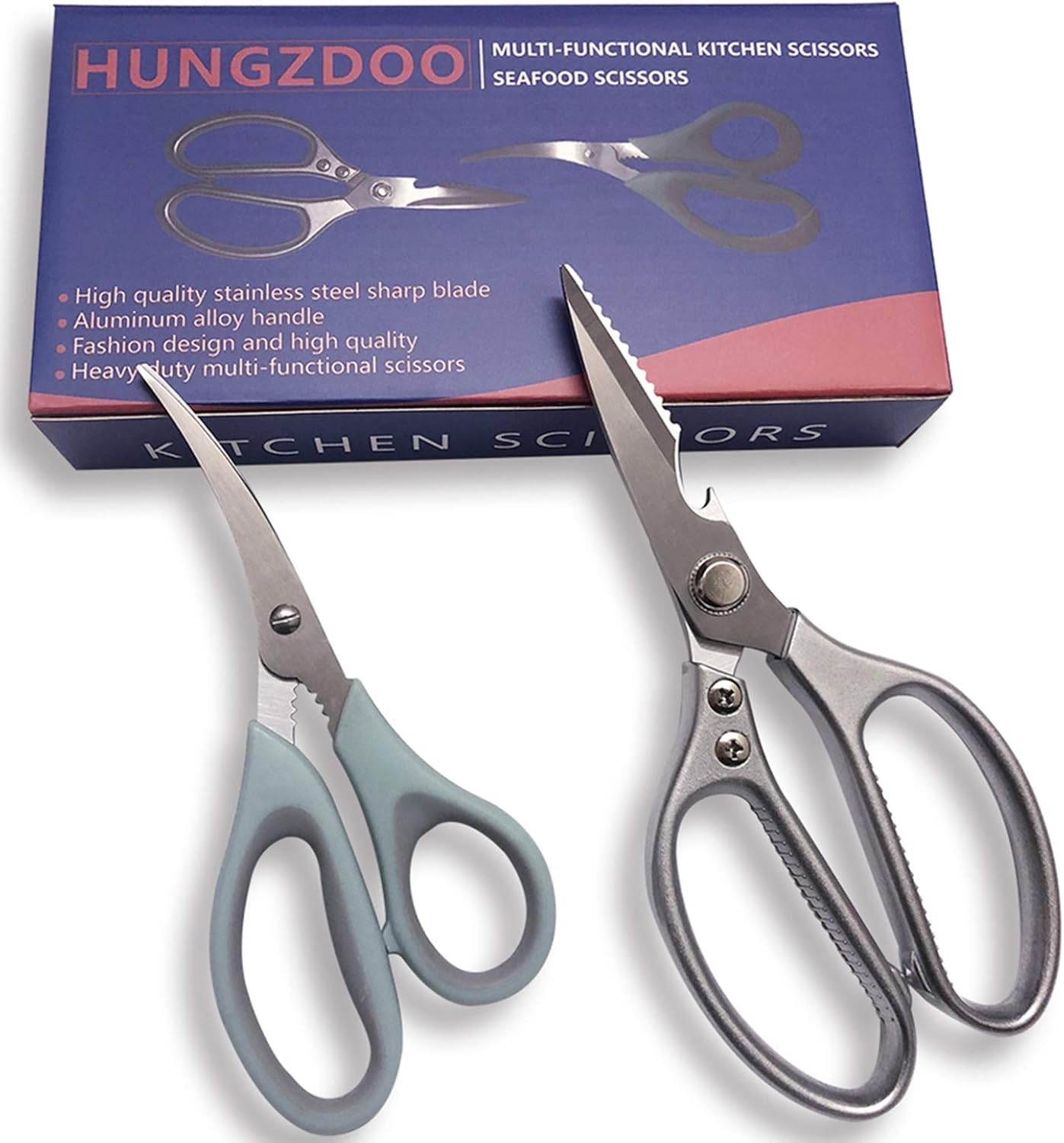 Hungzdoo Kitchen Shears [Includes Seafood Scissors] Stainless Steel Ultra Sharp Kitchen Scissors Heavy Duty and Multipurpose Food Scissors for Chicken, Poultry, Meat, Vegetables,Herbs,Dishwasher Safe