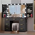 FURNJOYLIFE Black Makeup Vanity Desk with Lighted Mirror & Power Outlet,3 Color Modes, Brightness Adjustable,Vanity Table with Drawer,Sliding 2 Storage Wall-Mounted Jewelry,4 Shelves for Bedroom