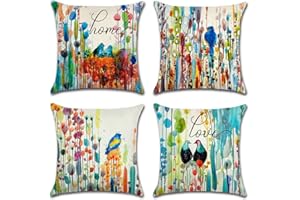 Artscope Set of 4 Waterproof Throw Pillow Covers 18x18 Inches, Birds and Watercolor Splashes Pattern Decorative Cushion Covers, Perfect to Outdoor Patio Garden Living Room Sofa Farmhouse Decor