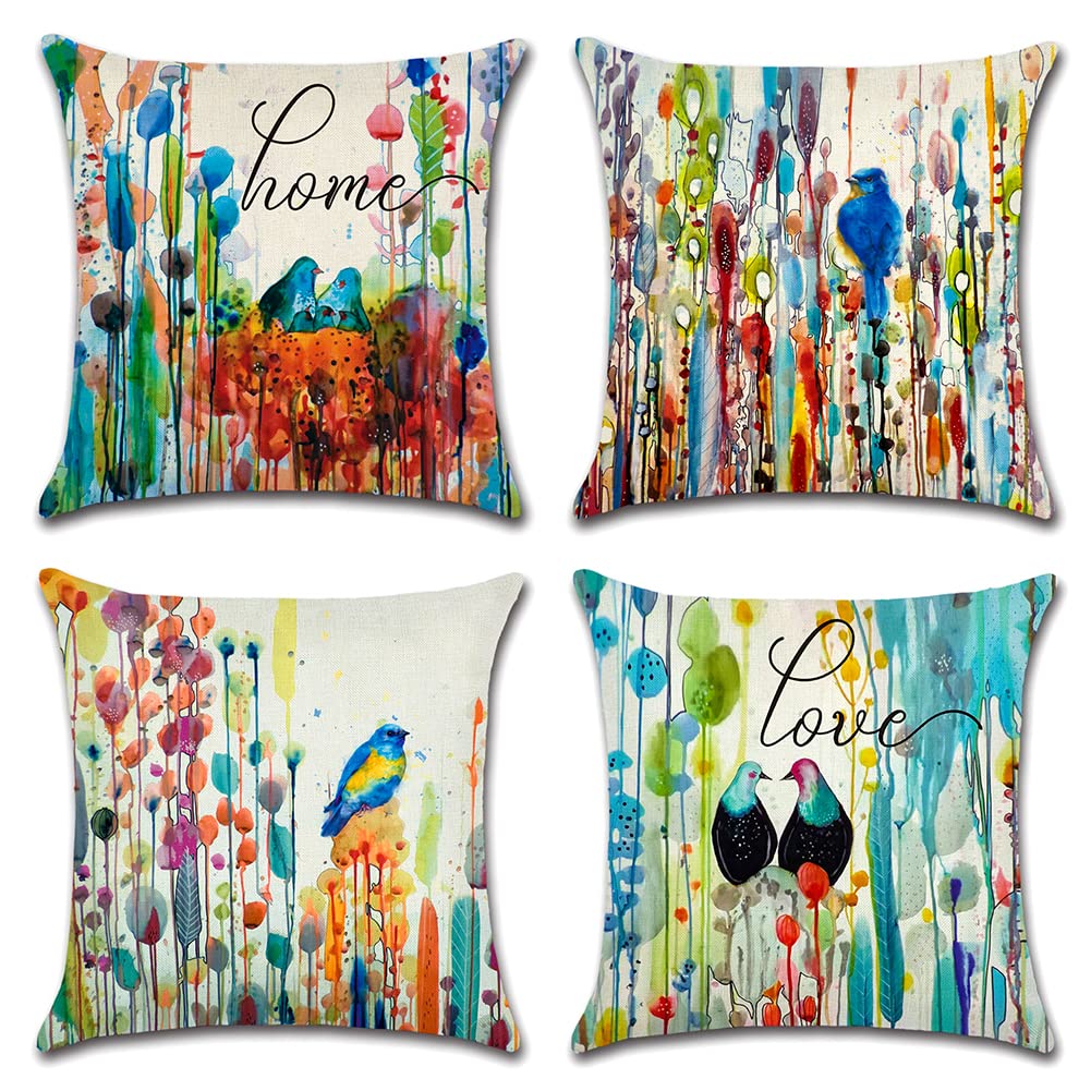 Artscope Set of 4 Waterproof Cushion Covers 45x45cm, Decorative Birds and Watercolor Splashes Throw Pillow Covers, Perfect to Outdoor Patio Garden Bench Living Room Sofa Farmhouse Decor — image 1