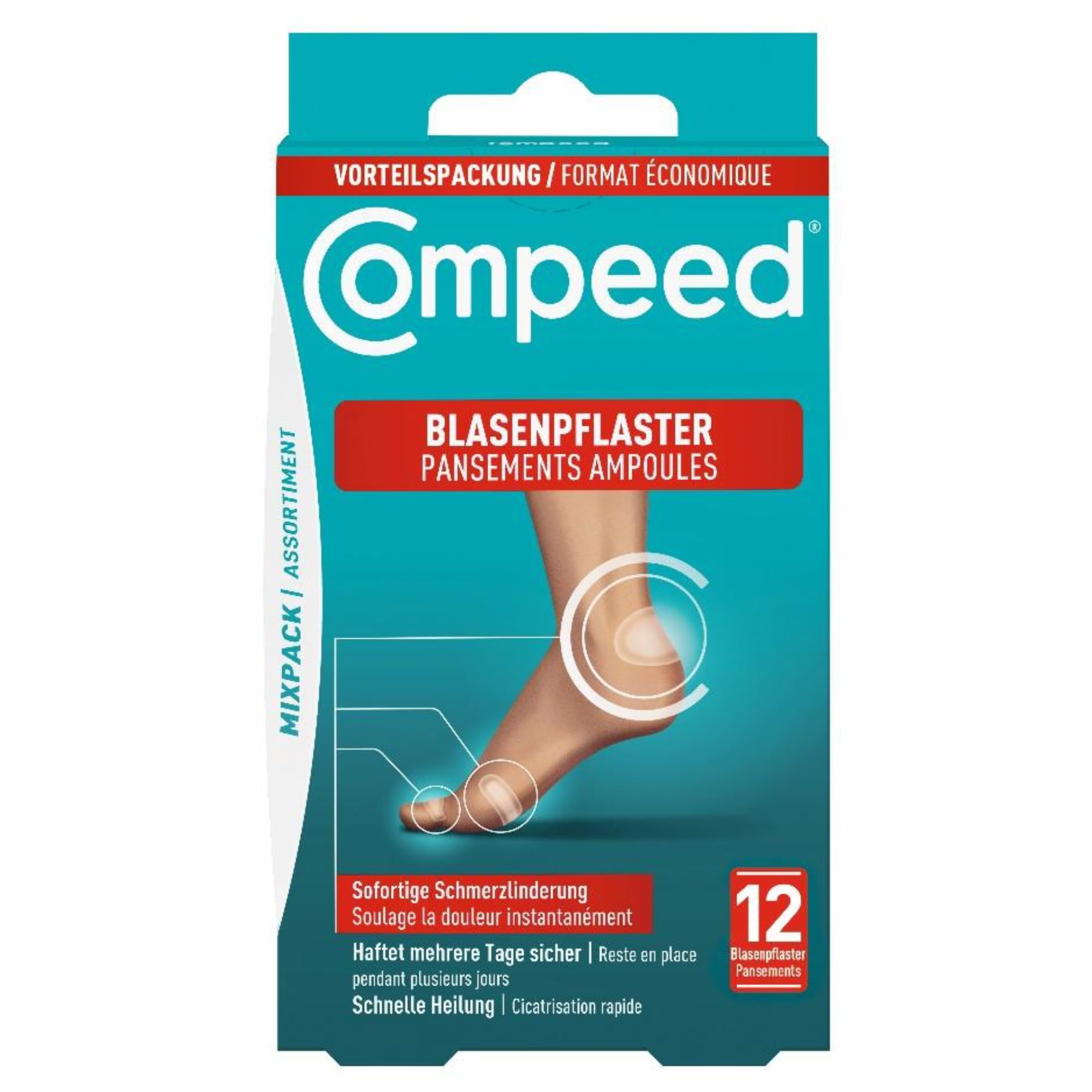 Compeed Blasenpflaster Mixpack - Hydrokolloid-Pflaster in verschiedenen Größen - gegen Blasen an Fersen, Zehen und für kleine Blasen, 12 Pflaster