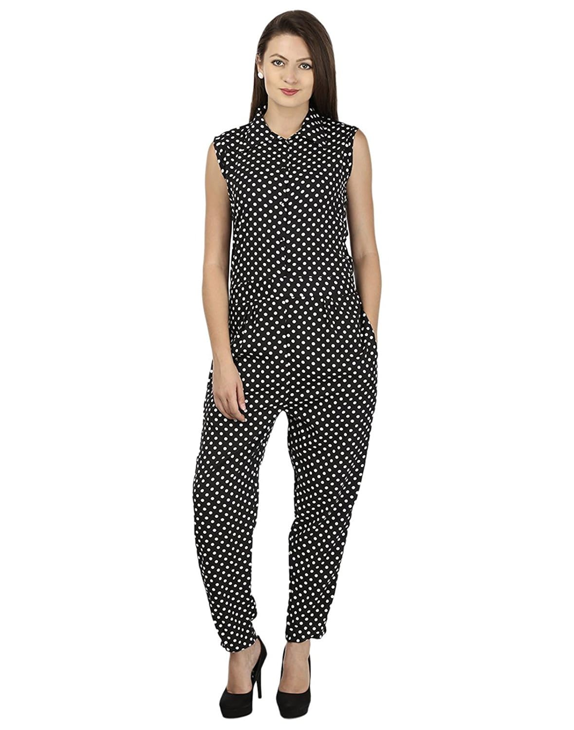 my swag women's polka dot print collared sleeveless jumpsuit