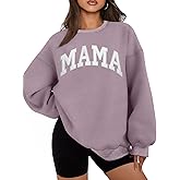 ELDPS Mama Sweatshirts for Women Embroidered Mama Shirt Oversized Mom Crewneck Pullover Hoodies Long Sleeve