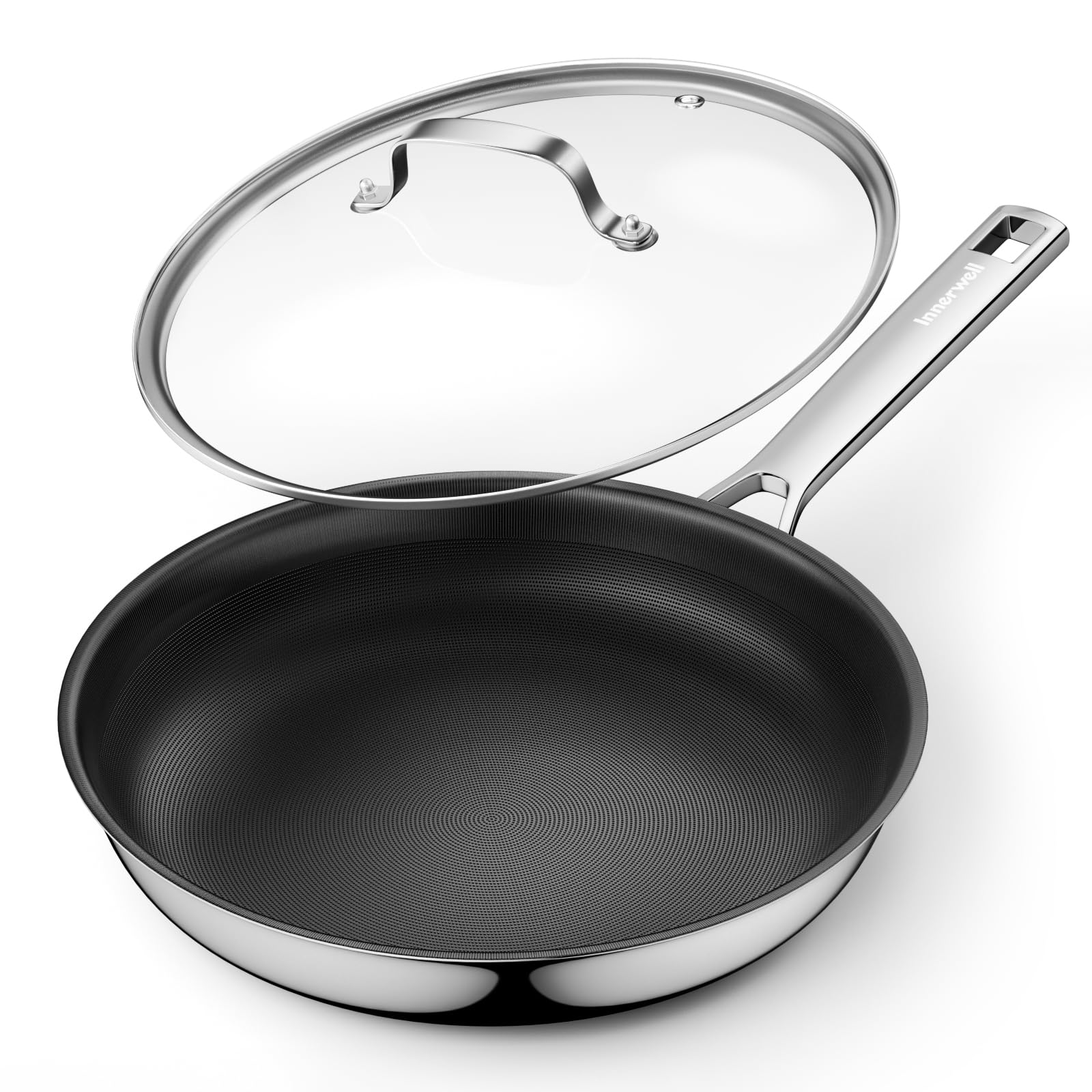 Innerwell Nonstick Ceramic Frying Pan with Lid 28 cm, Tri-Ply Stainless Steel Frying Pan Skillet with Titanium Ceramic Coating, Compatible with All Stovetops, PFOA Free