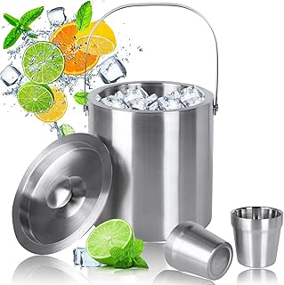 MVPower eiswürfelbehälter mit Deckel, Eiskübel Edelstahl, Eisbehälter mit Edelstahlbecher, 2.5L Größere Kapazität Doppelstöckiger Eiseimer für besonders Lange Kühlung (Silber)