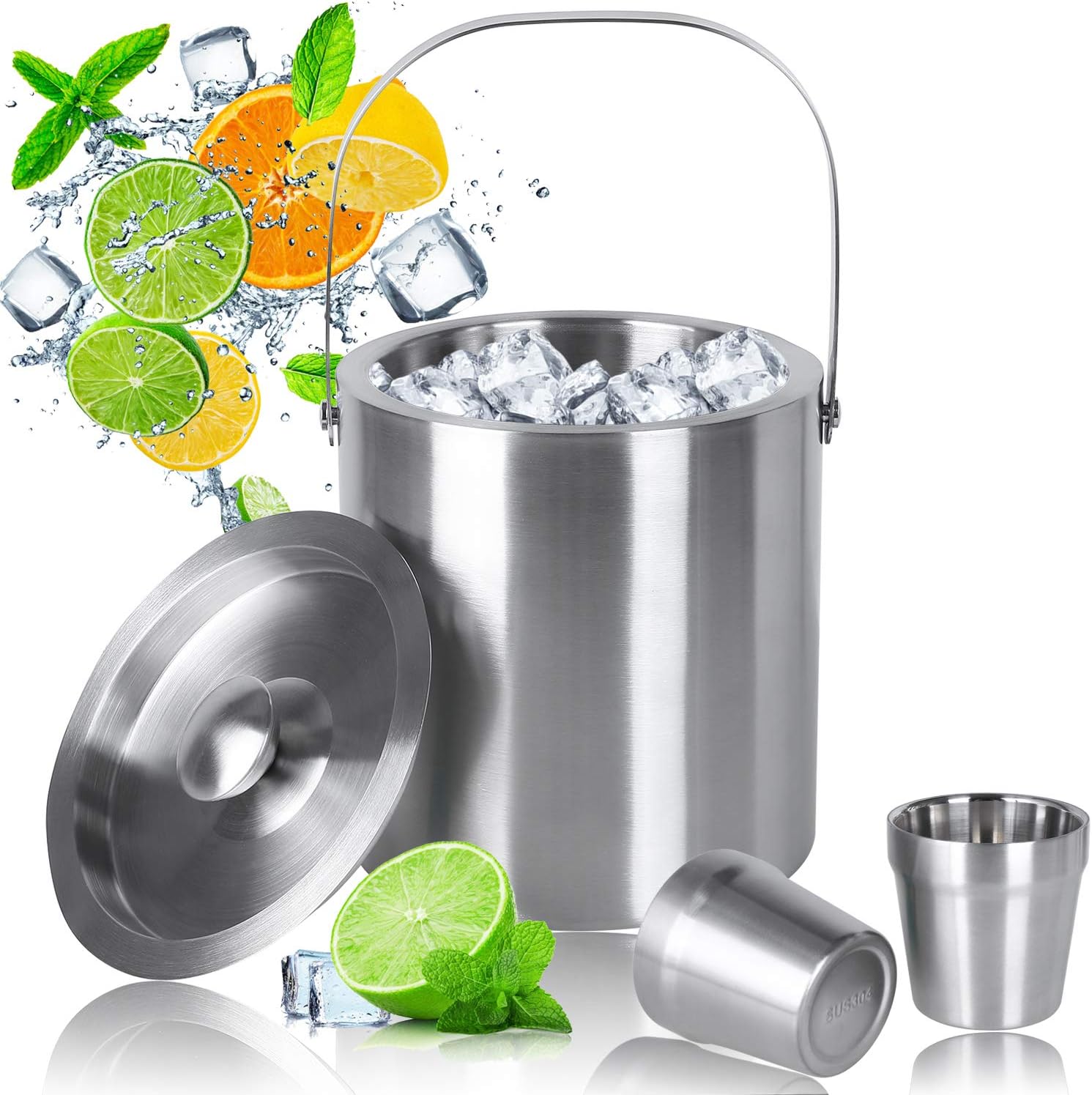 MVPower eiswürfelbehälter mit Deckel, Eiskübel Edelstahl, Eisbehälter mit Edelstahlbecher, 2.5L Größere Kapazität Doppelstöckiger Eiseimer für besonders Lange Kühlung (Silber)