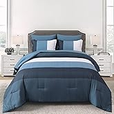 Anibedding Navy Blue Queen Bed in a Bag Comforter Set 7 Pieces Navy Striped Patchwork Bedding Set for Queen Bed, Soft Microfiber Reversible Down Alternative Complete Comforter with Sheet Set