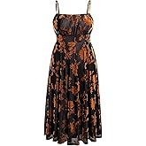 Talisea Plus Size Wedding Guest Cocktail Party Women's Summer Dress Brown Floral Velvet Sleeveless Spaghetti Strap Midi Dress