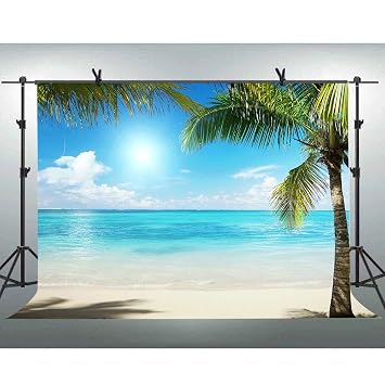 Flasiy Summer Sea Beach Photography Backdrops 10x7ft Coconut Tree Blue Sky Sunshine Photo Backgrounds For Youtube Kids Party Photo Studio Props