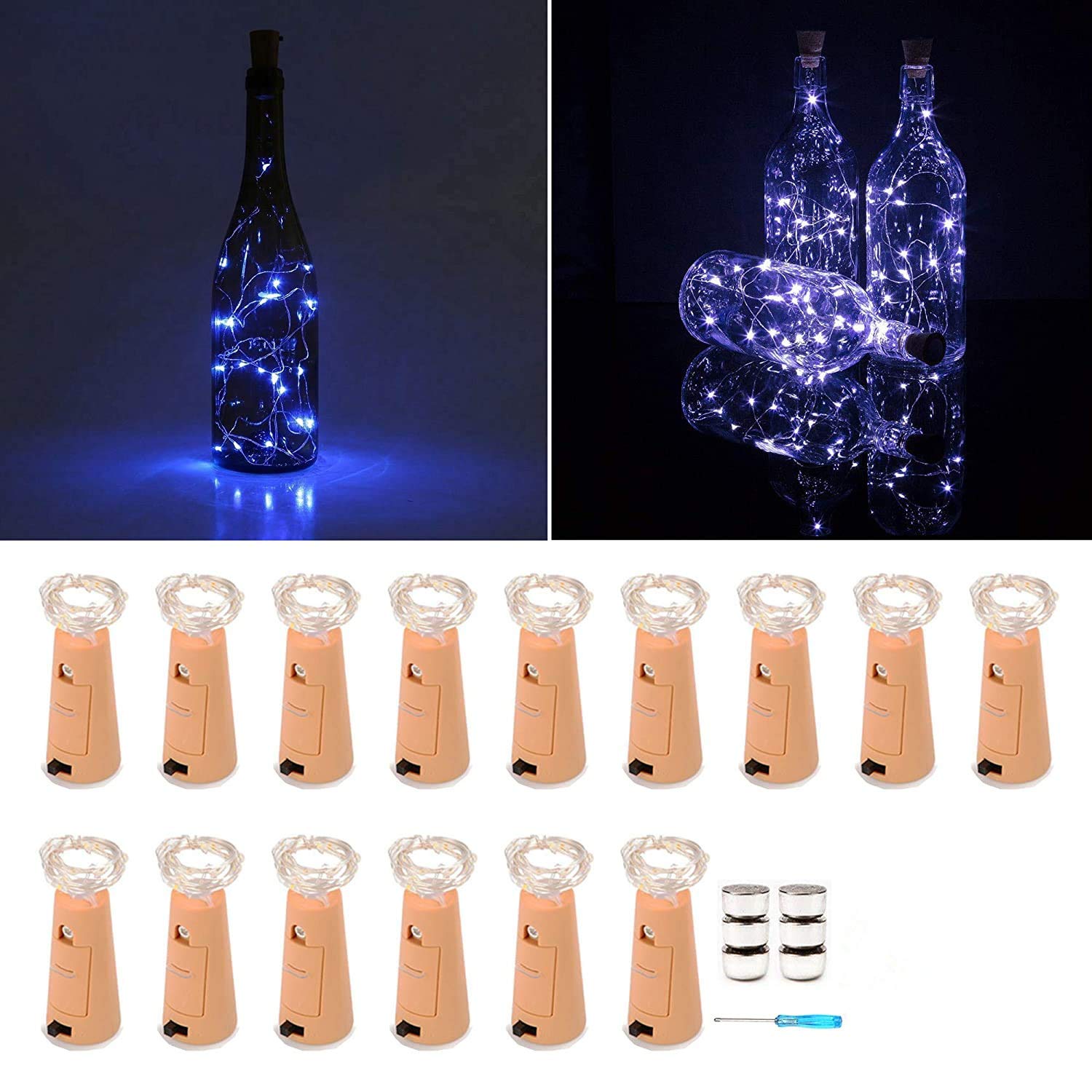 VOOKRYWine Bottle Lights with Cork 15 Pack 20 LEDs Wine Lights String Battery Operated Silver Wire Cork Light for Party,Bar Decoration,Wedding Center,Table Decor,Halloween,Christmas(Cool White)