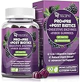 Migcopat Pre Post Probiotics Gummies, 5 in 1 Probiotic Prebiotic Postbiotic Digestive Enzymes with Fiber, 120 Billion CFU Probiotics Complete Gut Support, Sugar Free, Vegan, BlackBerry Flavor, 60 Cts