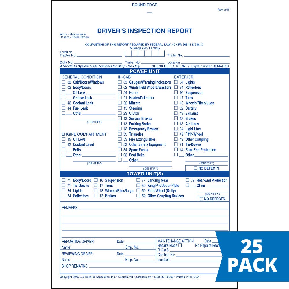 J.J 25 pack Carbonless 2Ply Keller Detailed Drivers Vehicle Inspection