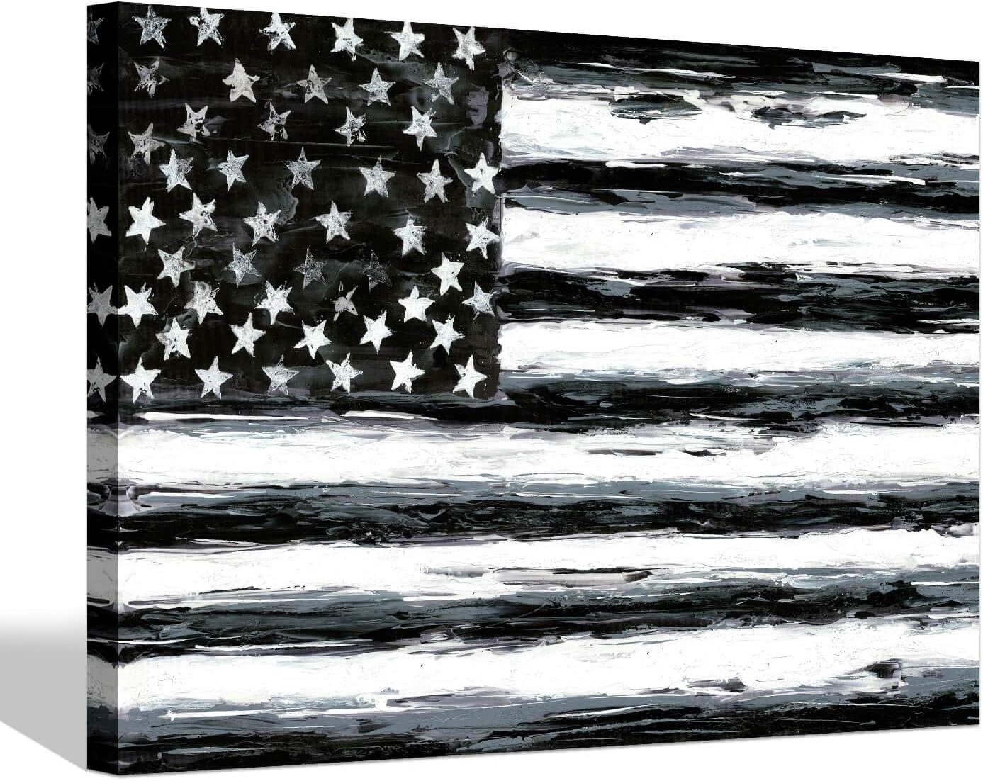 Paintings - SD SOFT DANCE American Flag Canvas Wall Art - Patriotic Picture US Black & White Stars Stripes Painting for Office Decor 45'' x 30''