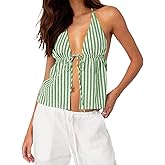 RUEWEY Women Striped Shirt Tie Front Halter Tank Top Sexy Deep V Neck Sleeveless Backless Cami Shirt Y2K Crop Tops
