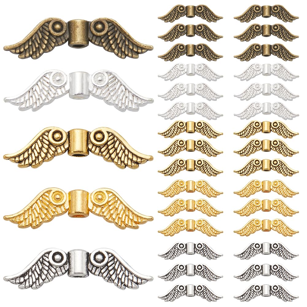 SOFPLATE 1 Box 200pcs 5 Colors Angel Wings Beads Small Butterfly Wing Bead Tibetan Style Antique Gold Silver White Fairy Spacers Bulk for Jewellery Making Bracelet Necklace Supplies Christmas DIY