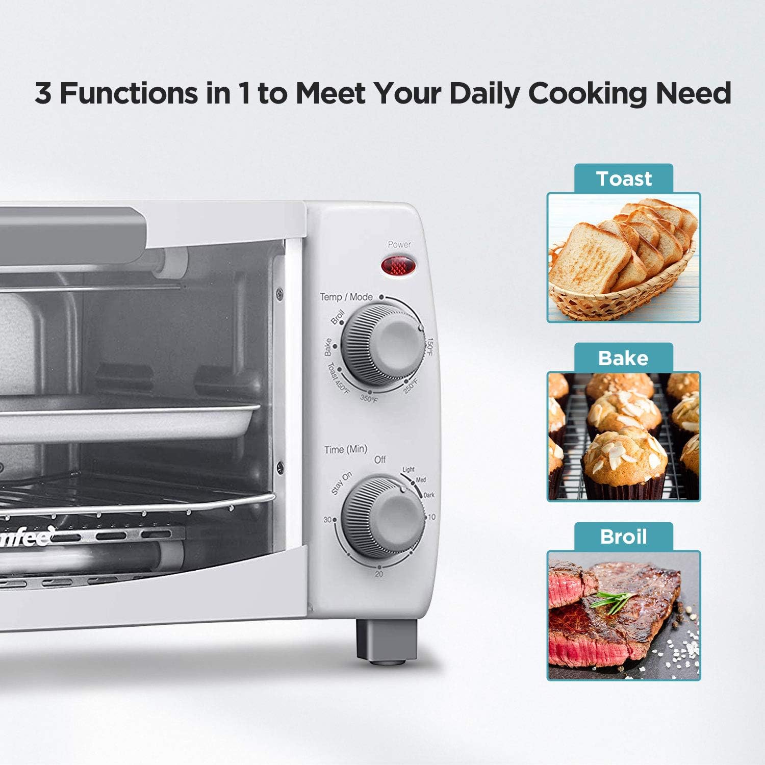 Comfee' Toaster Oven Countertop, 4-Slice, Compact Size, Easy to Control with Timer-Bake-Broil-Toast Setting, 1000W, White (CFO-BB102): Kitchen & Dining