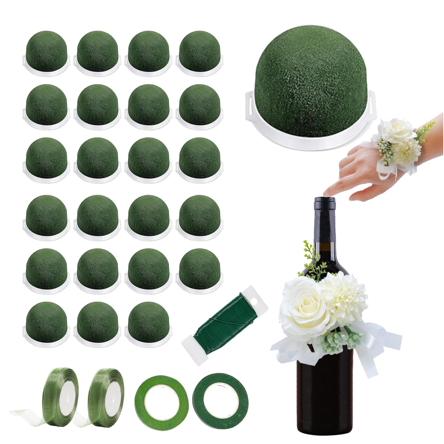 Photo 1 of 24PCS Round Floral Foam Blocks Holder Set Mini Flower Foam with Bouquet Accessories?Floral Wire, Plant Tape,Crafts Gift Ribbon