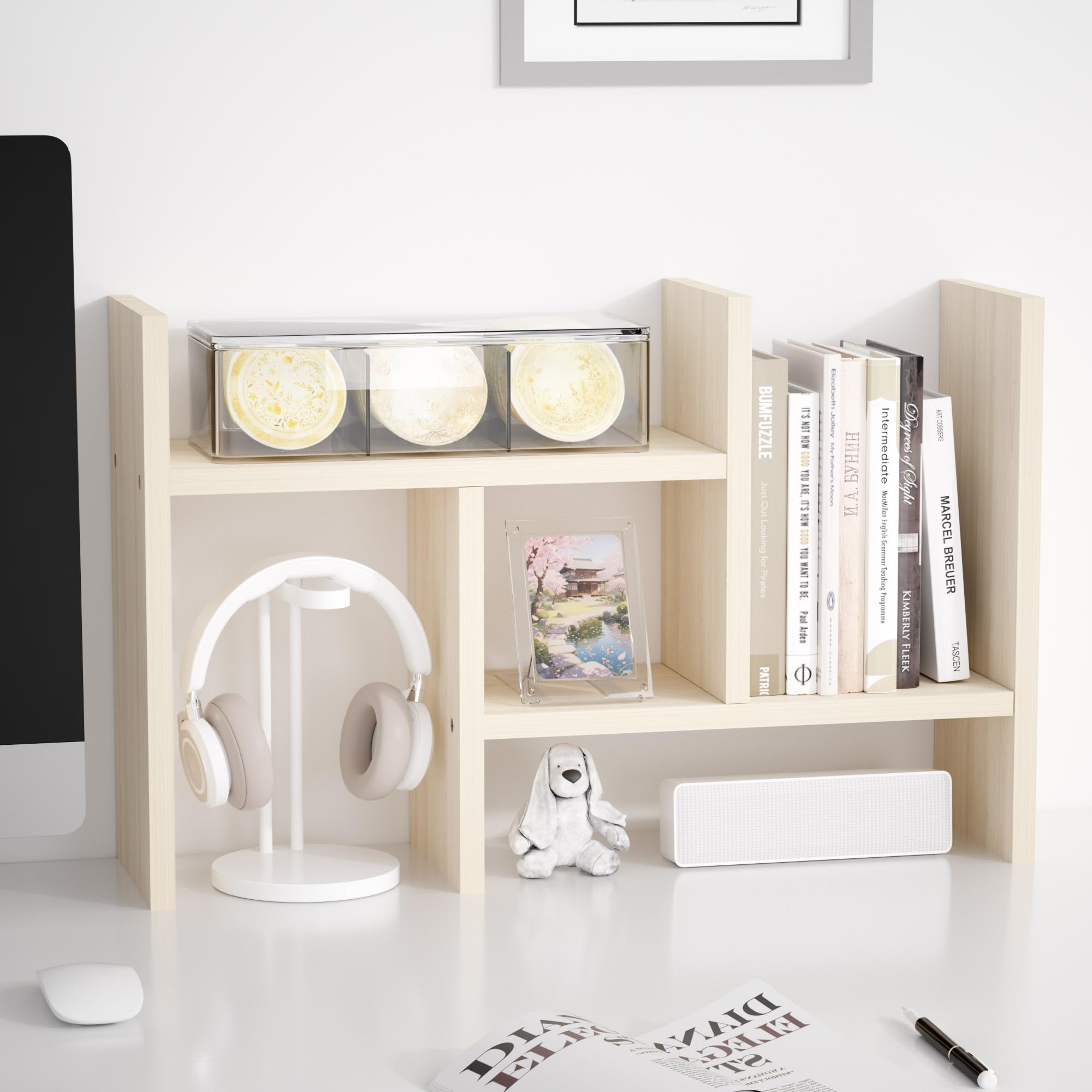Photo 1 of Jerry & Maggie Desktop Organizer Office Storage Rack Adjustable Wood Display Shelf Free Style Double H, Multi-Functional Mini Bookshelf for Desk Natural Stand (White Wood Tone)
