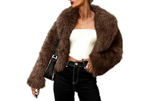 Tankaneo Womens Faux Fur Jacket Cropped Winter Fall Shaggy Coats Long Sleeve Fluffy Short Coat Fuzzy Outerwear