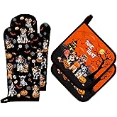 Arquiel Halloween Dog Oven Mitts and Pot Holders Sets 4Pcs, 100% Cotton Heat Resistant, Extra Long Oven Gloves Potholder for Kitchen Cooking Baking Decoration