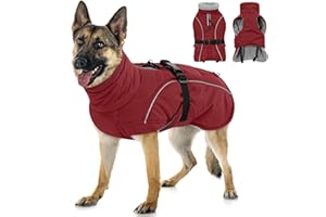 Queenmore Large Coat, Winter Jacket, Waterproof Puffy Snowsuit for Dogs - Adjustable Reflective Fleece Lining Warm Padding Parka for Cold Weather, Red L
