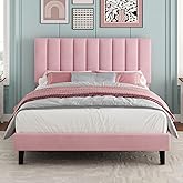 IDEALHOUSE Full Size Bed Frame, Velvet Upholstered Platform Bed with Adjustable Vertical Channel Tufted Headboard, No Box Spring Needed, Easy Assembly, Pink