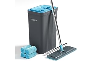 JOYMOOP Mop and Bucket Set with Wringer, Mops for Floor Cleaning, Wall Mop Cleaner with Long Handle, with 4 Reusable Microfiber Mop Pads - Grey+Cyan Blue