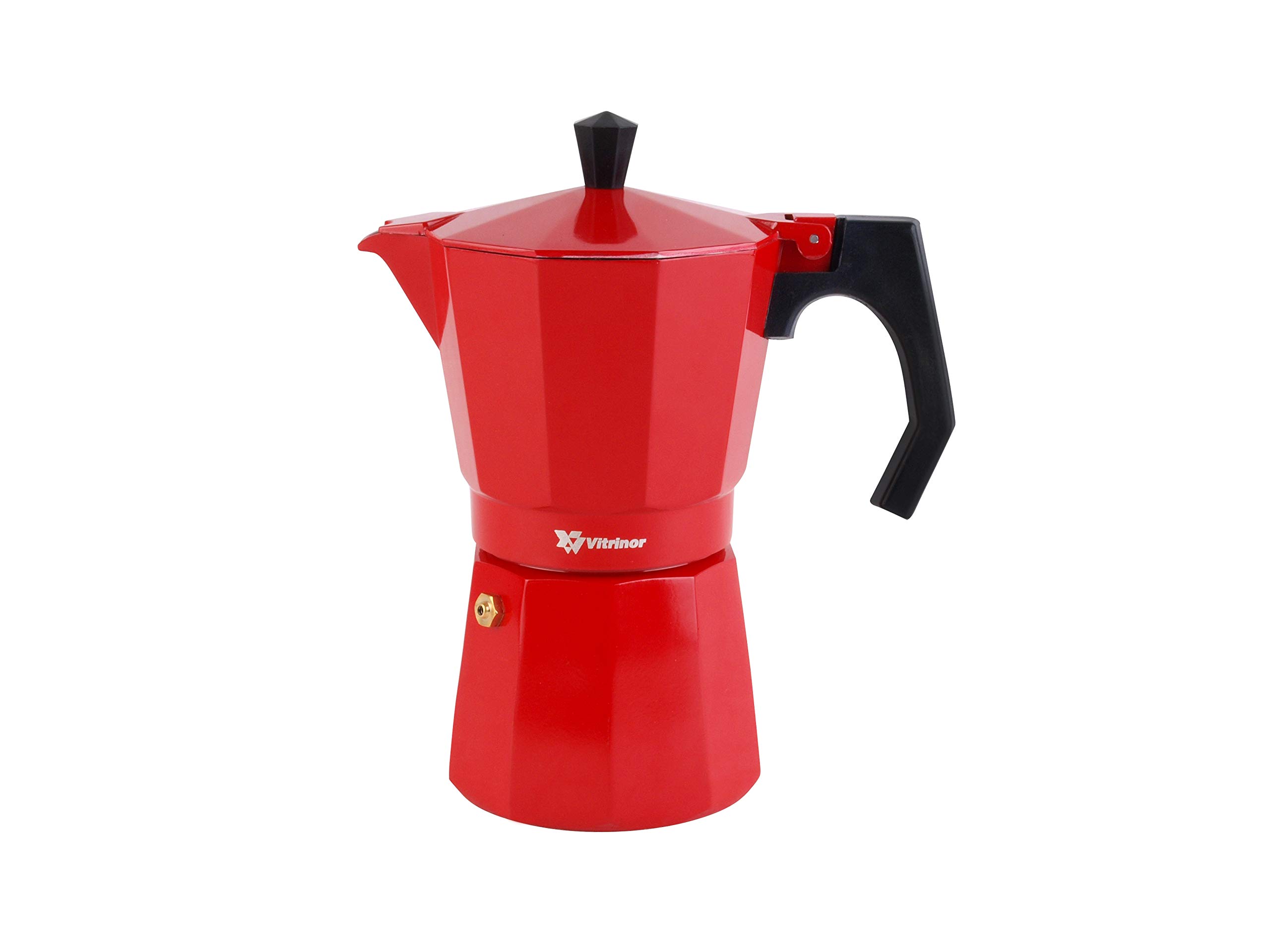 VITRINOR - Prague coffee maker 12 cups. Red aluminum exterior, safety valve and ergonomic handle. Suitable for all types of fires. Gas, electric, ceramic and induction cookers.