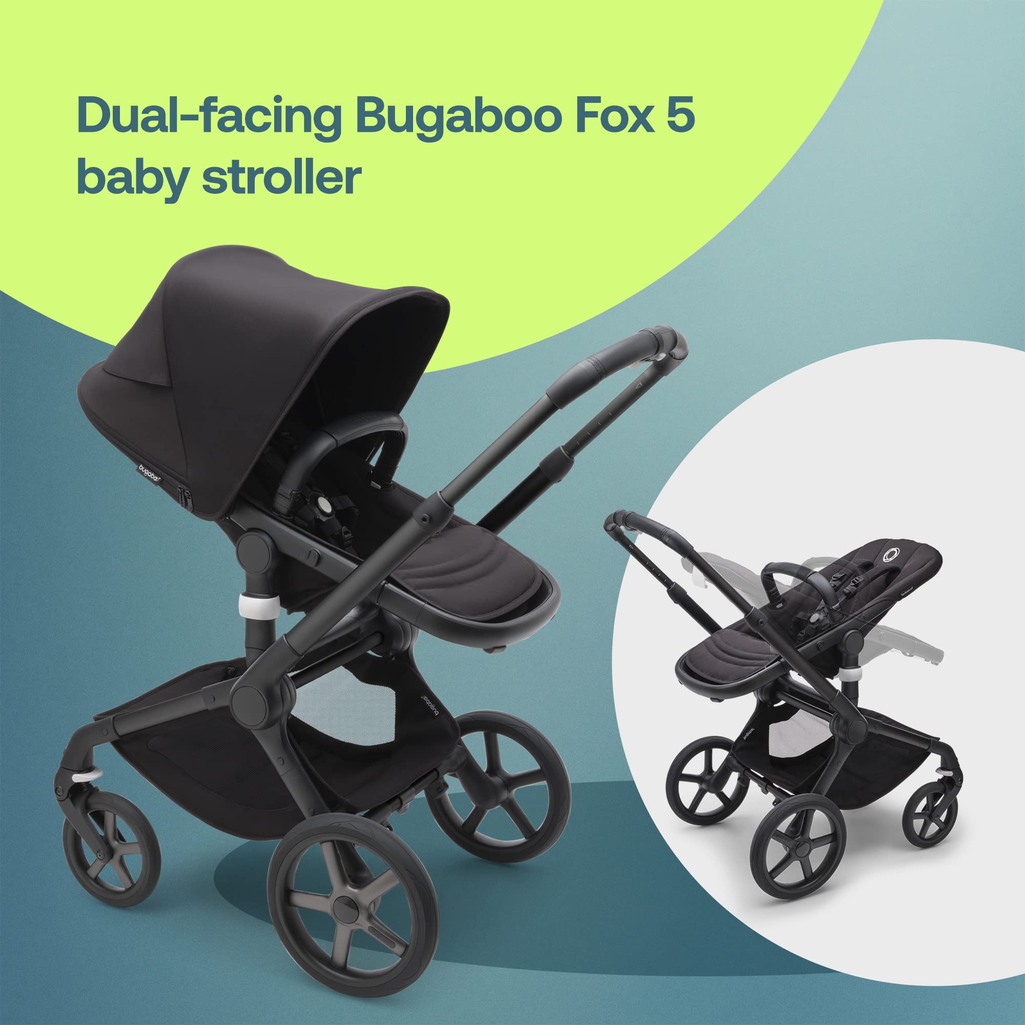 Bugaboo Fox 5 All-Terrain Stroller, 2-in-1 Baby Stroller with Full Suspension, Easy Fold, Spacious Bassinet, Extendable Toddler Seat, One-Handed Maneuverability (Midnight Black)